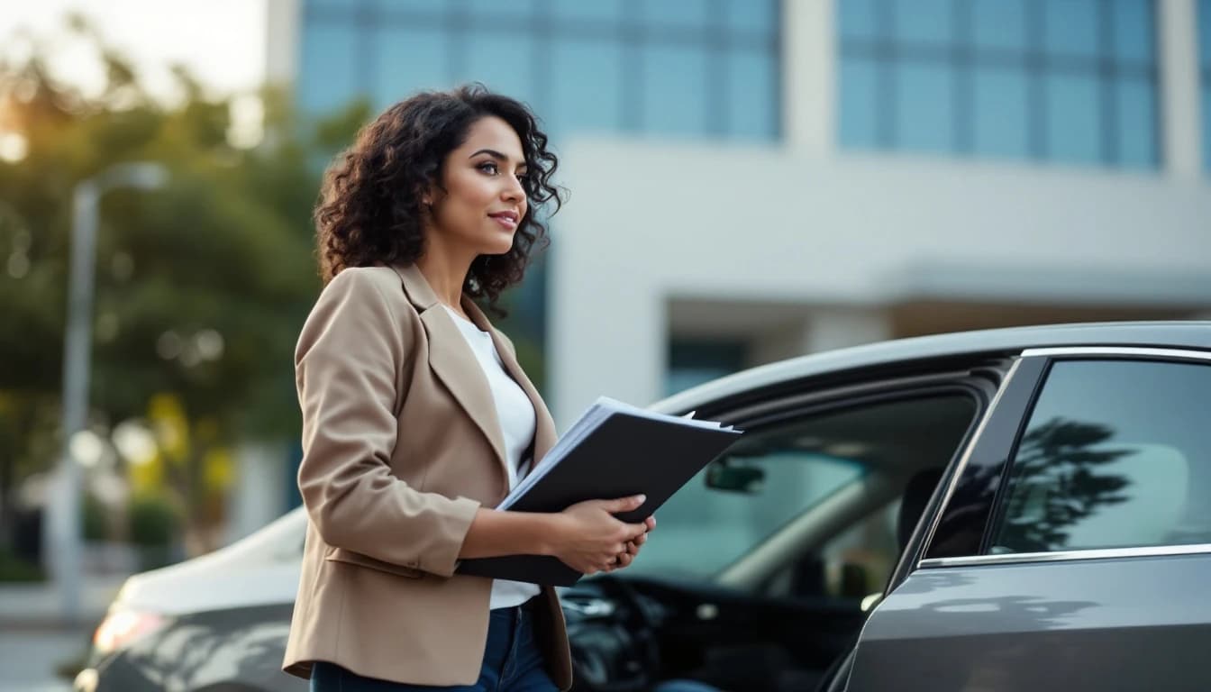 Mujer latina con una carpeta de documentos bajo el brazo bajando de un carro frente a un edificio de oficinas gubernamentales