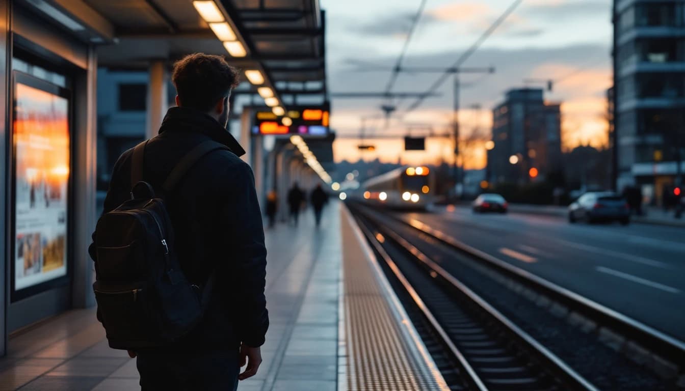 Persona esperando en una estación de tren ligero mientras un carro pasa por la calle de al lado