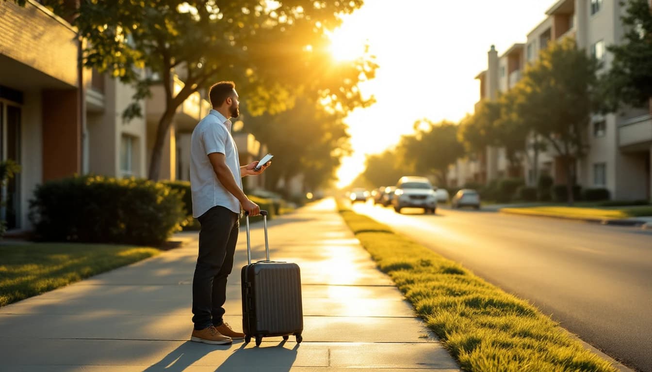 Persona con una maleta esperando en una banqueta soleada de un suburbio del norte de Texas