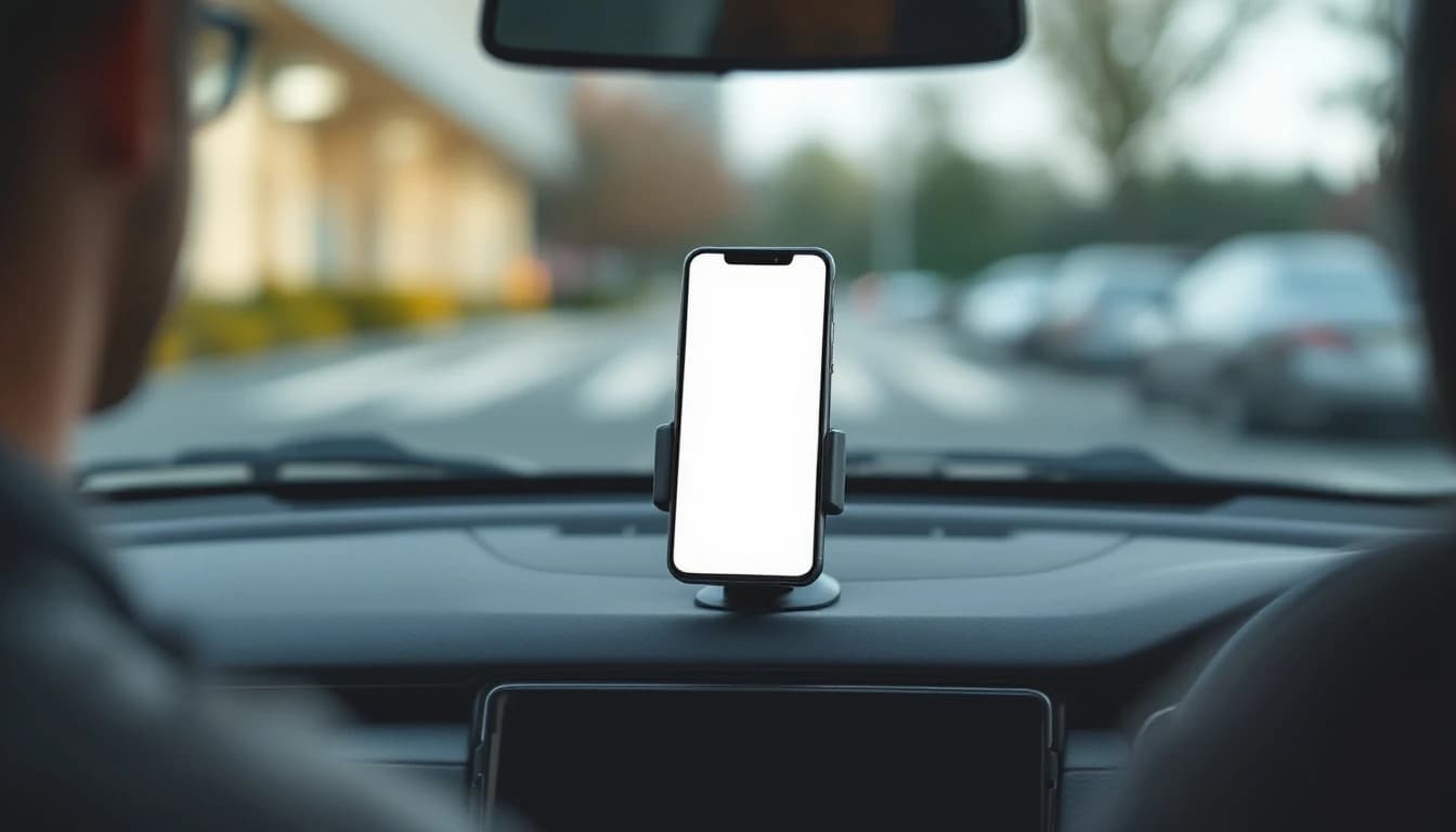 Teléfono en un soporte del tablero con la pantalla en blanco, con el carro detenido y apagado