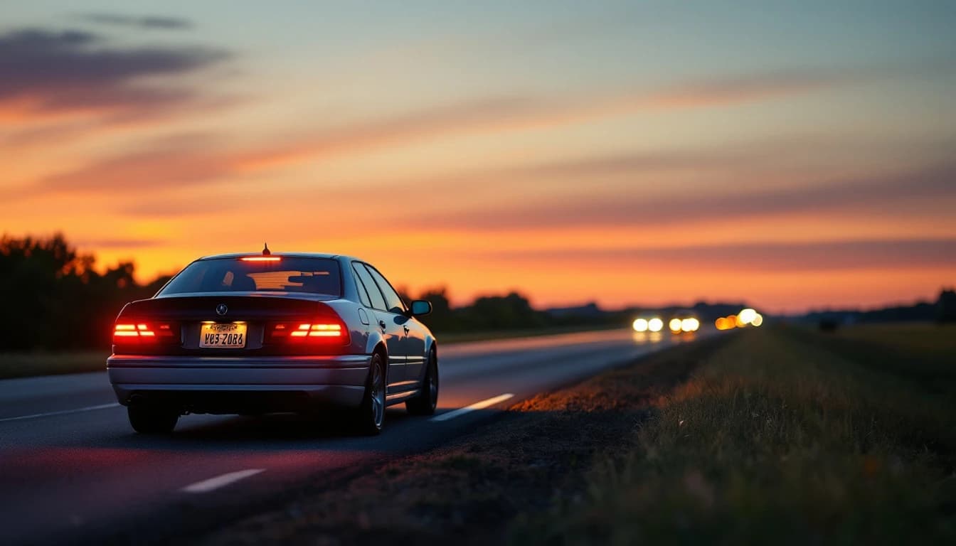 Carro detenido en el acotamiento de una autopista con las luces intermitentes encendidas al atardecer
