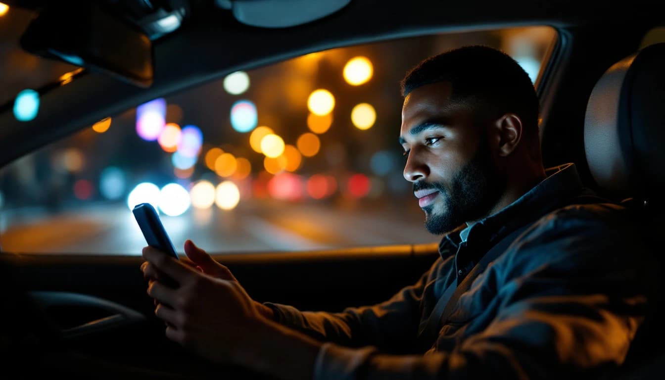 Chofer revisando su teléfono dentro de su carro con las luces de la ciudad de fondo de noche