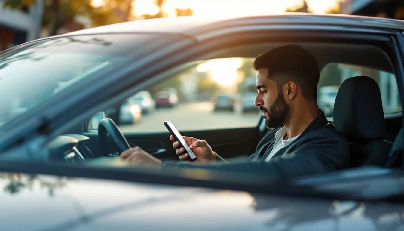 Chofer revisando su póliza de seguro en el teléfono dentro de su carro estacionado en una calle de Texas