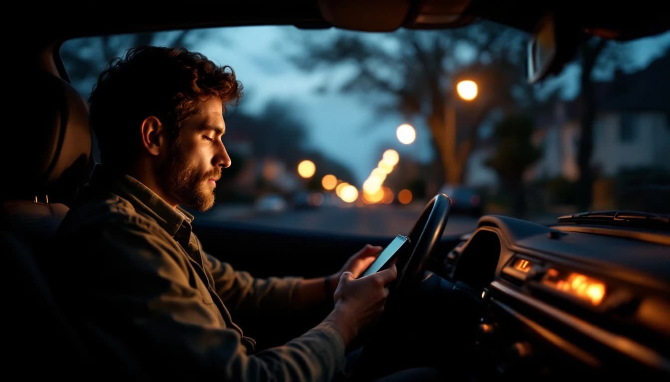 Chofer sentado al volante con el carro detenido en una calle tranquila revisando su teléfono con calma