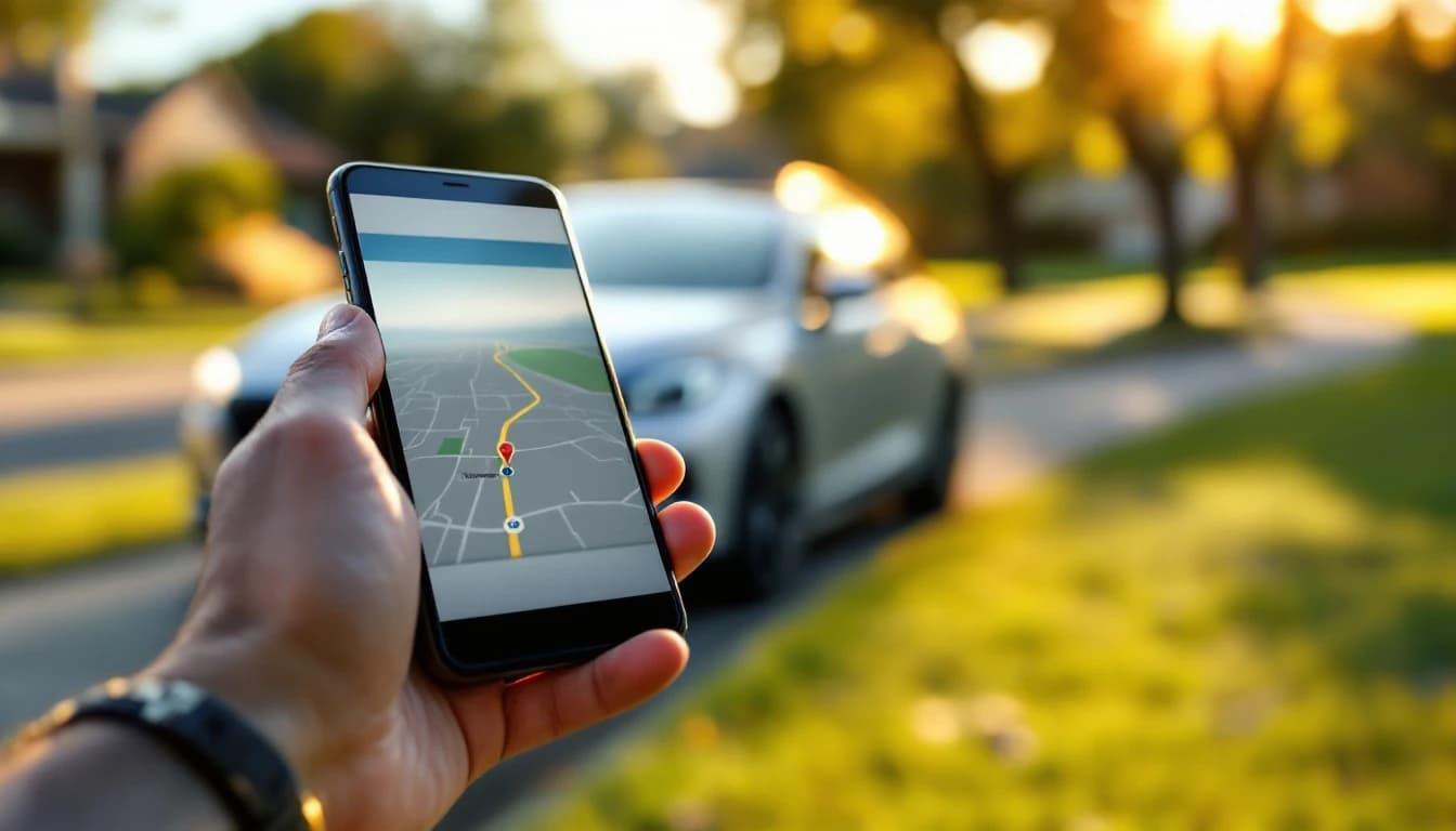Manos sosteniendo un teléfono con un mapa de viaje mientras un carro se acerca a la banqueta al fondo