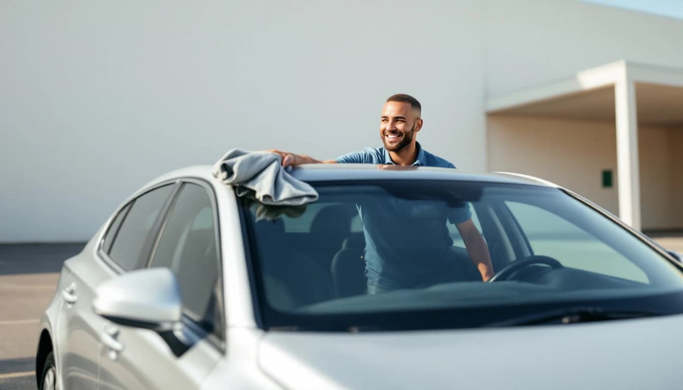 Chofer revisando su carro limpio por fuera antes de empezar el turno, temprano por la mañana