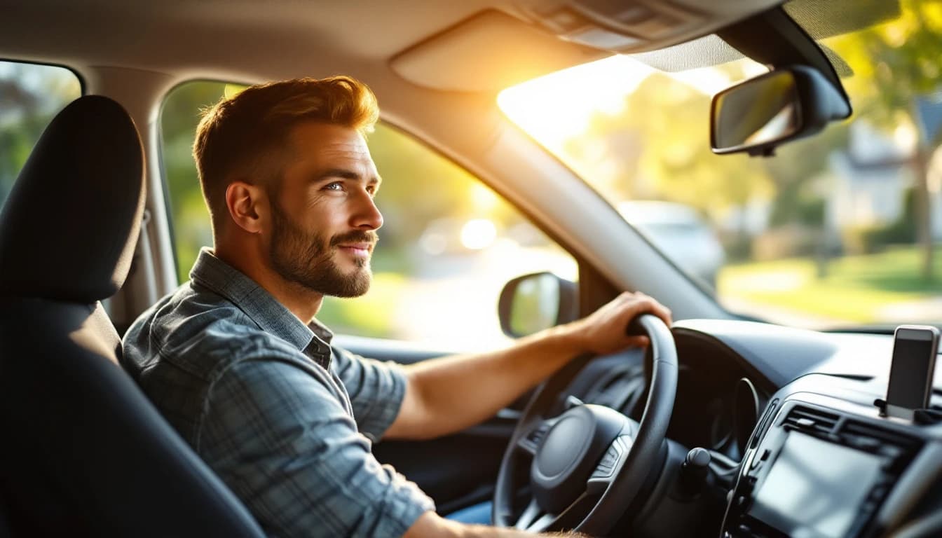Chofer al volante de un carro limpio mirando por el retrovisor en una calle soleada