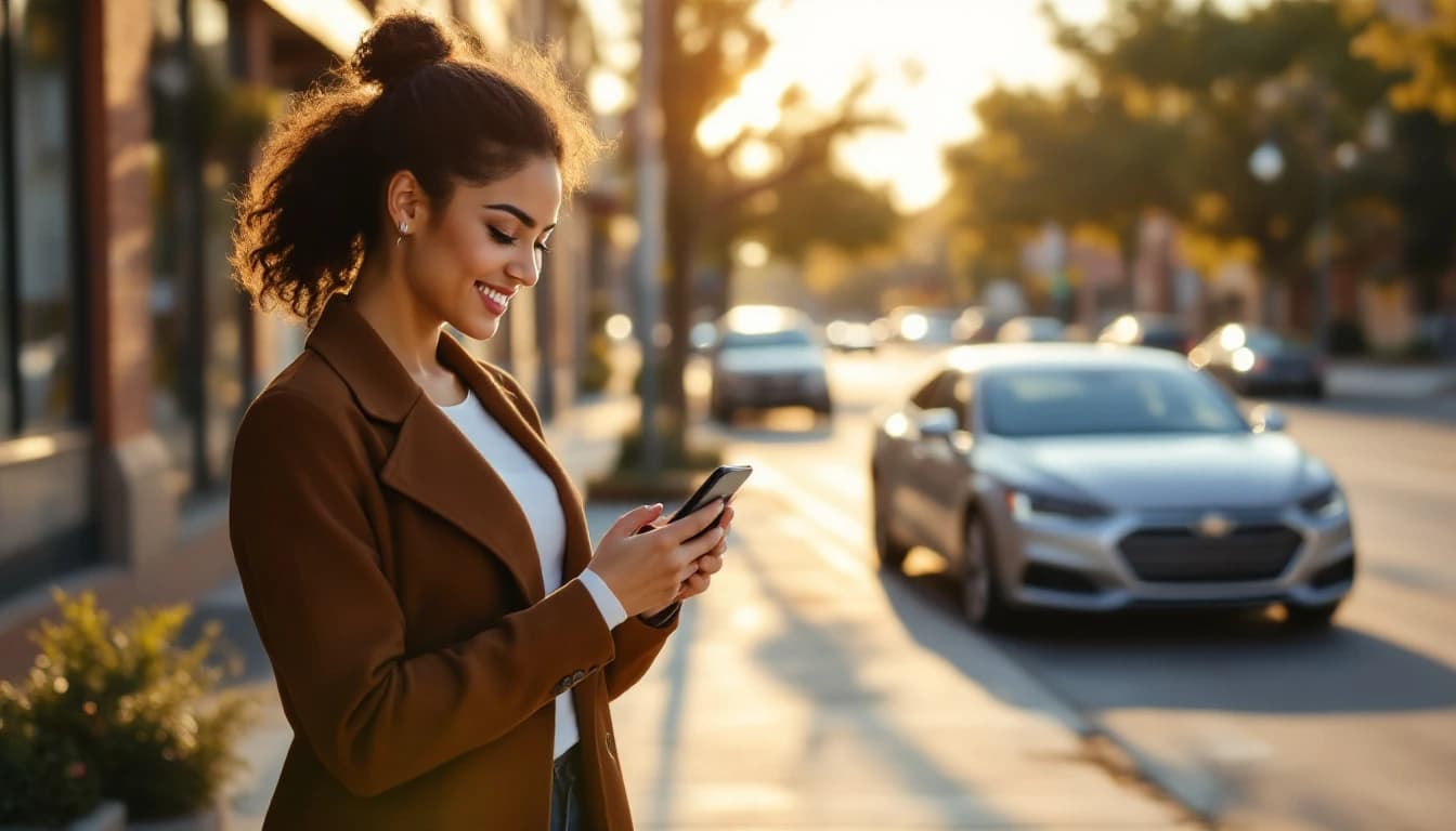 Pasajera latina sonriendo mientras revisa su teléfono en la banqueta de una calle de Dallas al atardecer