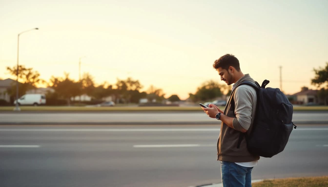 Hombre joven con mochila de pie en una banqueta de un suburbio de Texas mirando su teléfono