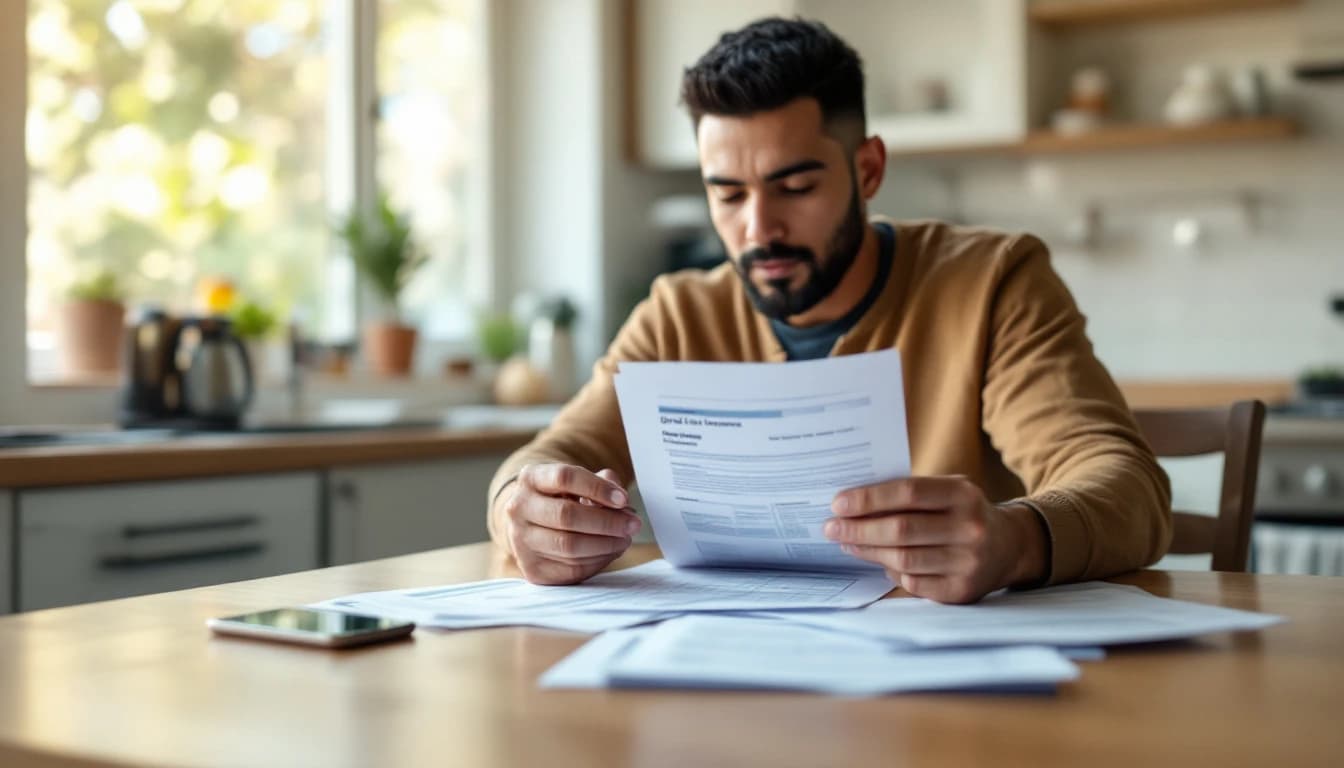Hombre revisando documentos y su licencia de conducir sobre la mesa de la cocina con el teléfono a un lado