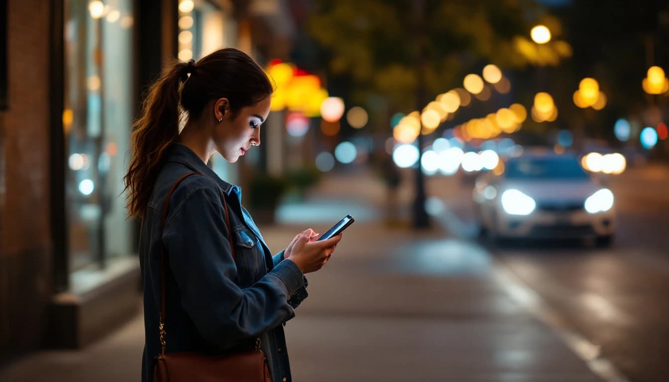 Mujer revisando su teléfono en la banqueta mientras un carro se acerca de noche en una calle iluminada