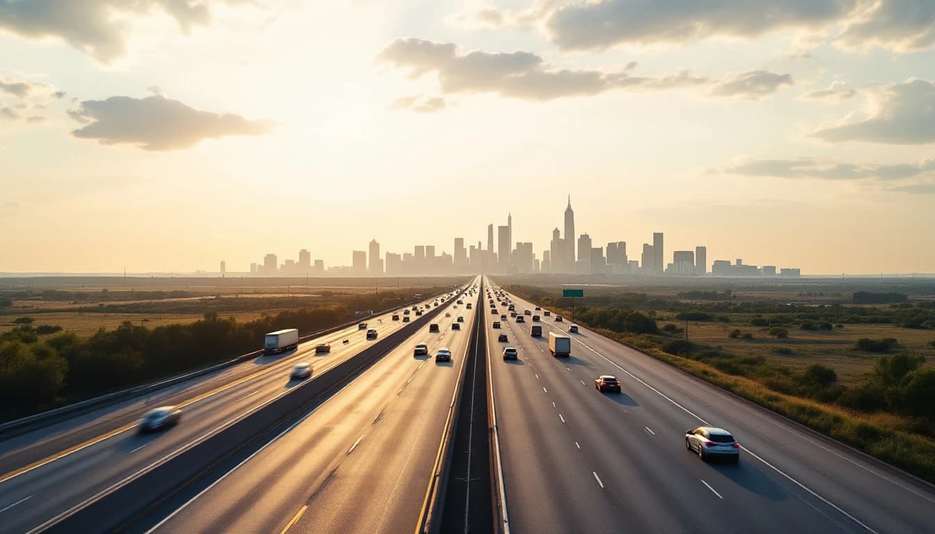 Autopista ancha de varios carriles entre dos ciudades al atardecer con tráfico ligero